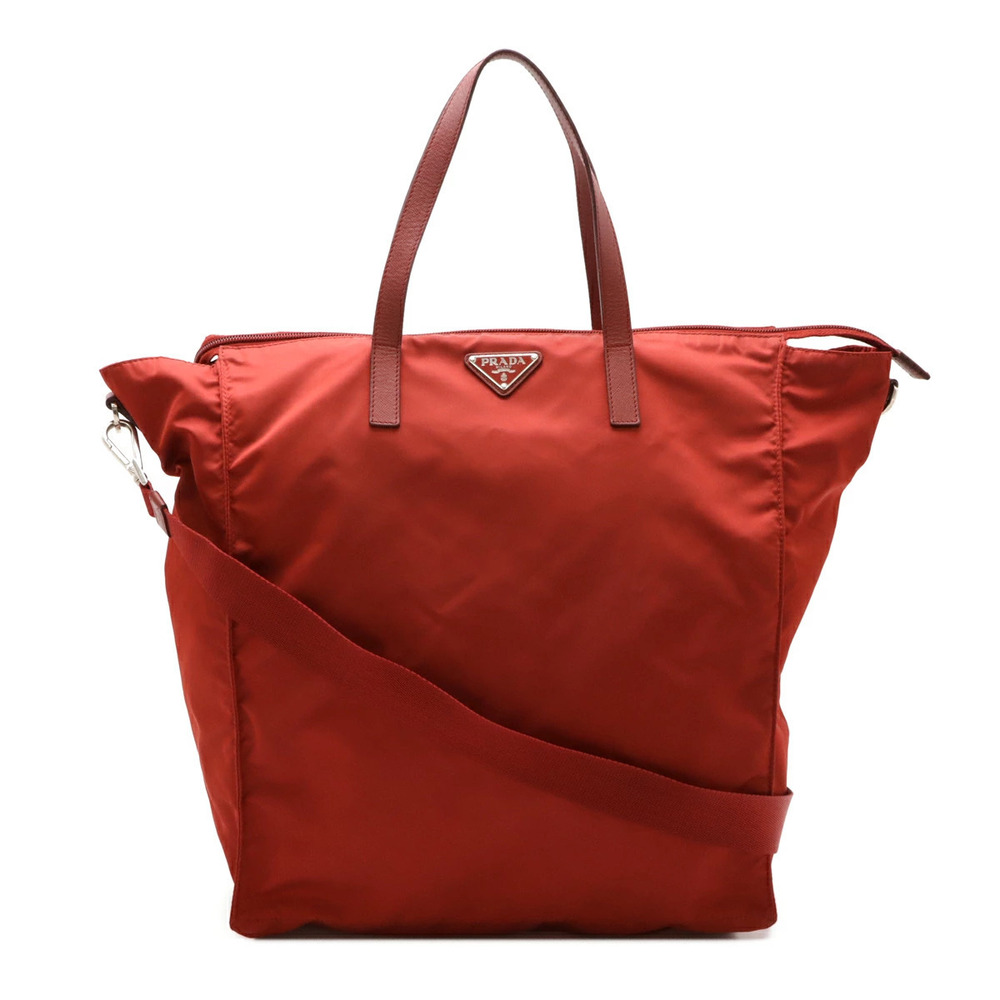 Prada Triangle Tote Tessuto Saffiano Bag Shoulder Leather Red